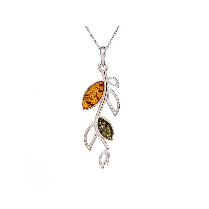 Branch pendant with natural oval multi-colored amber, in 925 rhodium silver