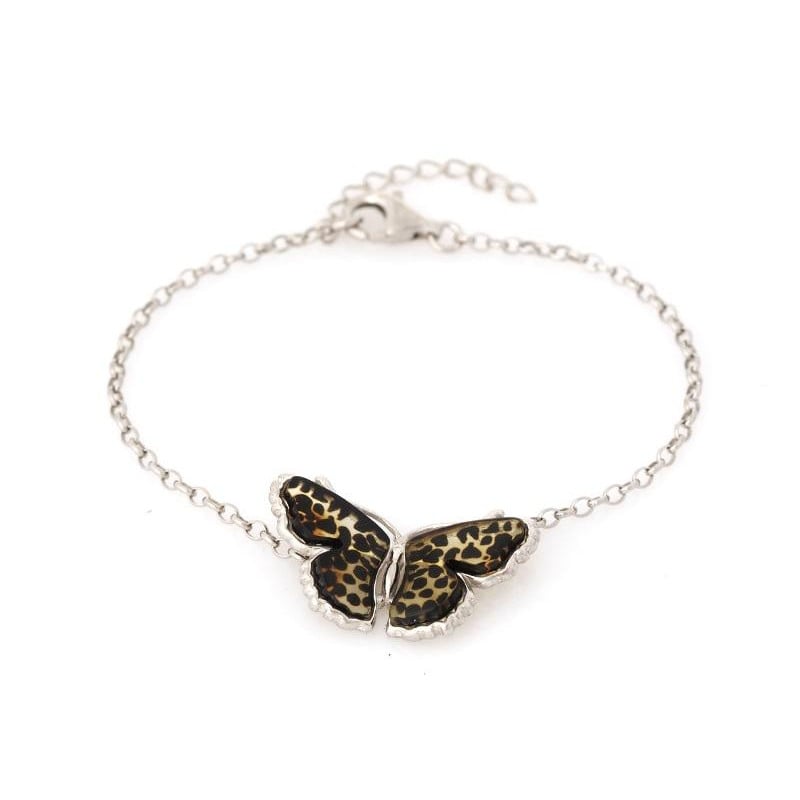 Bracciale farfalla con ambra multicolore, in argento 925 rodiato, lunghezza 16+3 cm