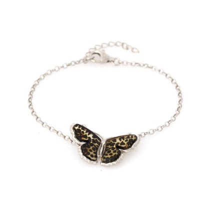 Bracciale farfalla con ambra multicolore, in argento 925 rodiato, lunghezza 16+3 cm