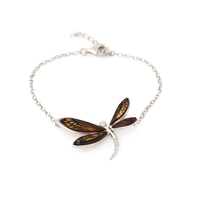 Dragonfly bracelet with multi-colored amber, 925 rhodium silver, length 17+3 cm