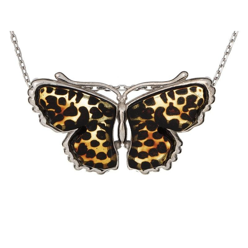 Ciondolo farfalla con ambra multicolore, in argento 925 rodiato, altezza 3 cm