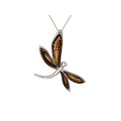 Pingente libélula com âmbar multicolorido, em prata 925 banhada a ródio, altura 4,5 cm