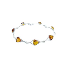 Pulseira com triângulo âmbar conhaque natural, em prata 925, comprimento 18 cm