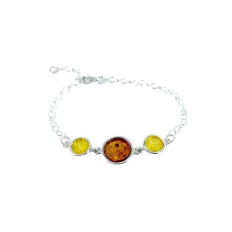 Bracciale con ambra naturale rotonda multicolore, in argento 925, lunghezza 20+3 cm