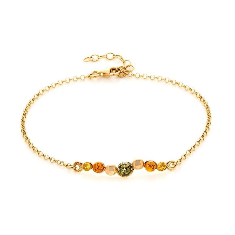 Bracelet avec ambre multicolore rond, en argent doré 925, longueur 18+3 cm