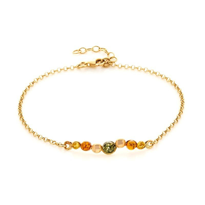 Pulsera con ámbar redondo multicolor, en plata dorado 925, longitud 18+3 cm