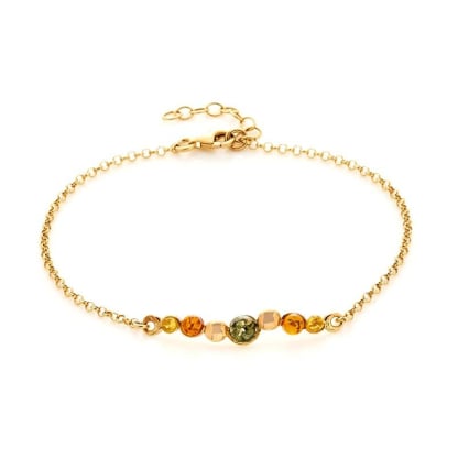 Bracelet avec ambre multicolore rond, en argent doré 925, longueur 18+3 cm