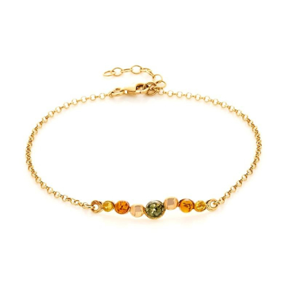 Pulsera con ámbar redondo multicolor, en plata dorado 925, longitud 18+3 cm