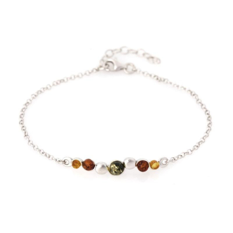 Bracelet avec ambre multicolore rond, en argent rhodié 925, longueur 18+3 cm