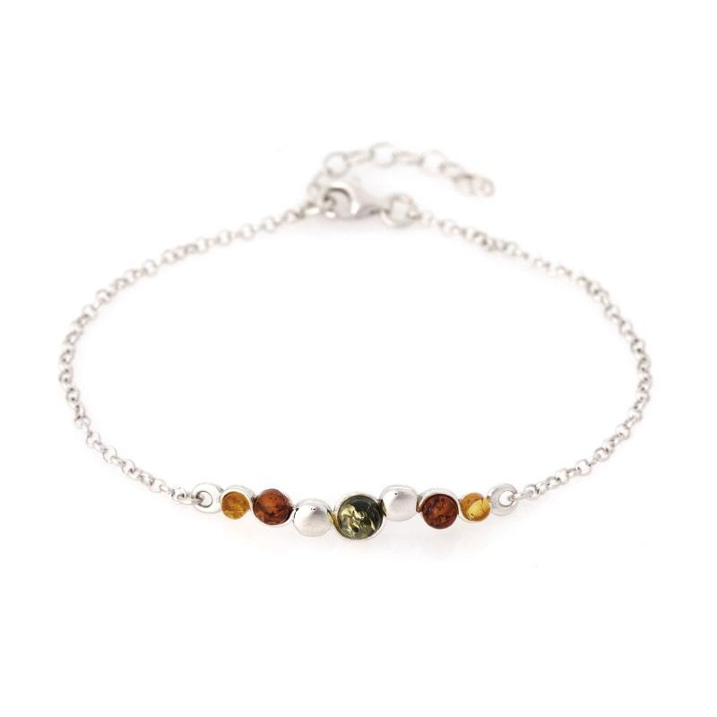Bracciale con ambra tonda multicolore, in argento 925 rodiato, lunghezza 18+3 cm