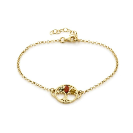 Bracelet arbre de vie avec ambre multicolore, argent doré 925, longueur 18+ 3 cm