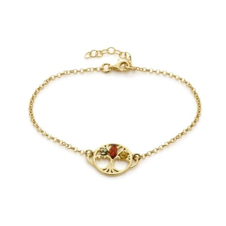 Levensboom armband met veelkleurige barnsteen, 925 goudkleurige zilver, lengte 18+ 3 cm