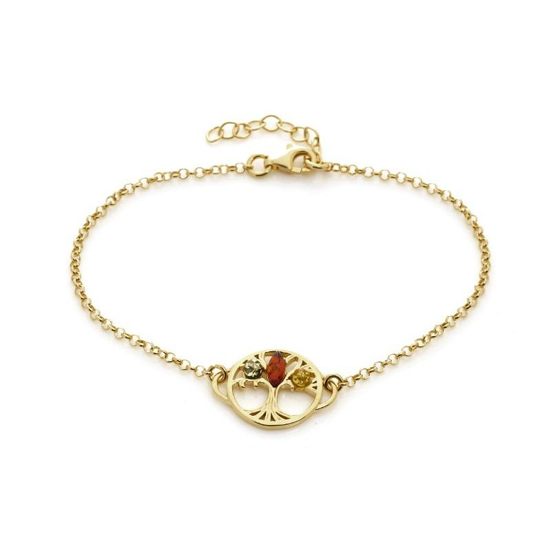 Bracciale albero della vita con ambra multicolore, argento dorato 925, lunghezza 18+ 3 cm