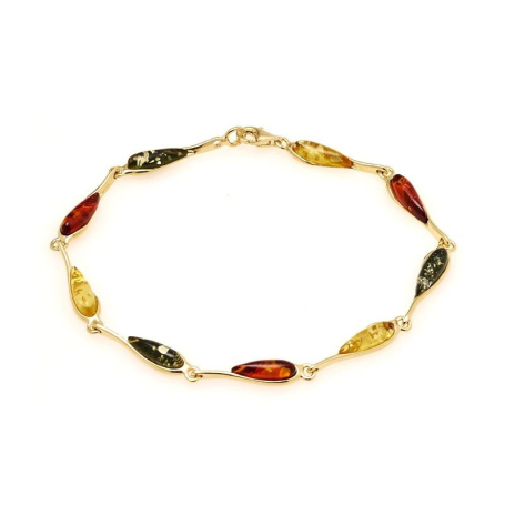 Bracelet avec ambre multicolore goutte, en argent doré 925, longueur 20 cm