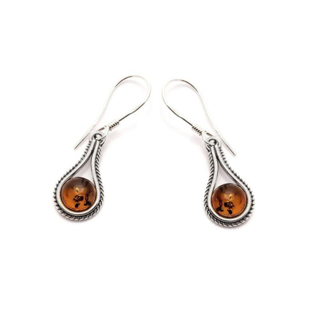 Oorhangers met ronde natuurlijke cognac-amber, in 925 verouderd zilver