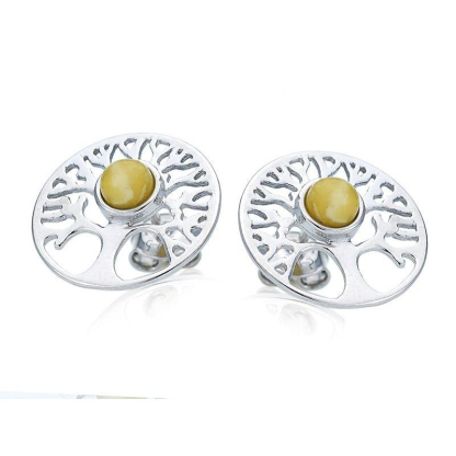 Clous d'oreilles arbre de vie avec ambre miel naturel rond, en argent rhodié 925