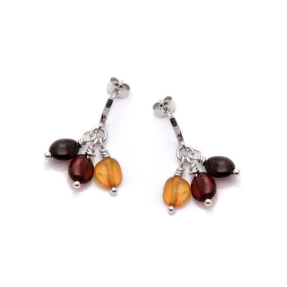 Boucles d'oreilles pendantes avec ambre multicolore, en argent rhodié 925