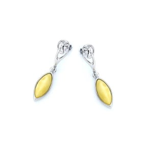 Boucles d'oreilles pendantes avec ambre miel navette, en argent rhodié 925