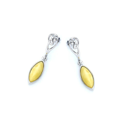 Honey amber navette drop earrings, in 925 rhodium silver