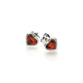 Heart stud earrings with natural cognac amber, in 925 rhodium silver