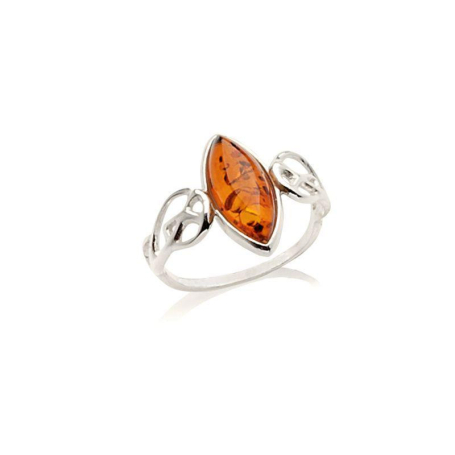 Ring with cognac amber from the Baltic Sea navette, in rhodium-plated silver 925
