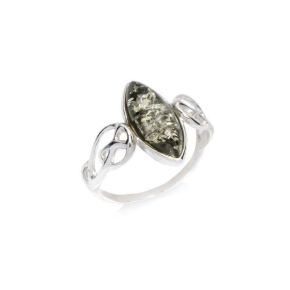 Bague avec ambre vert de la mer Baltique navette, en argent rhodié 925