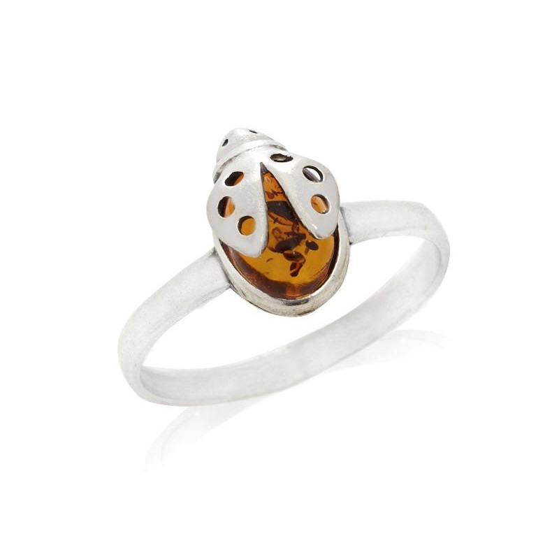 Ring with natural cognac amber from the Baltic Sea, in rhodium-plated silver 925