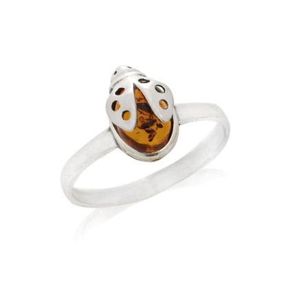 Ring with natural cognac amber from the Baltic Sea, in rhodium-plated silver 925
