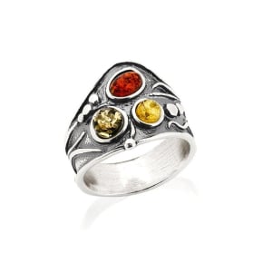 Bague multipierres avec ambre multicolore de la mer Baltique, argent vieilli