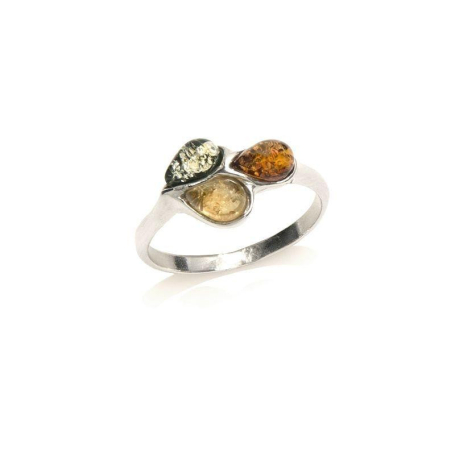 Bague avec ambre multicolore de la mer Baltique goutte, en argent rhodié 925