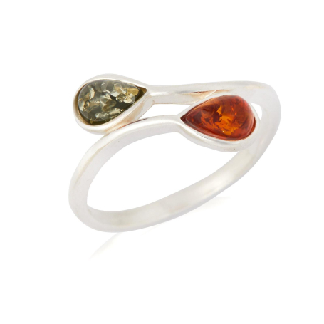 Anillo con gota multicolor de ámbar del Mar Báltico, en plata 925 rodiada