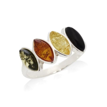 Anel com âmbar natural multicolorido do Mar Báltico, feito de prata banhada a ródio 925