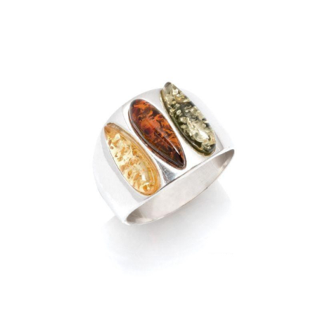 Ring with multi-colored Baltic amber drop, in rhodium-plated silver 925