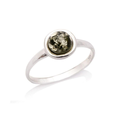 Bague avec ambre vert naturel de la mer Baltique rond, en argent rhodié 925
