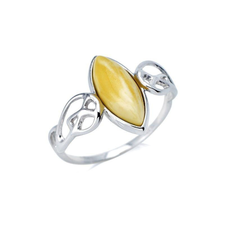 Ring with natural honey amber from the Baltic Sea navette, in rhodium-plated silver 925