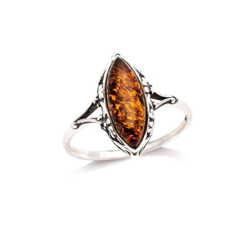 Ring with cognac amber from the Baltic Sea navette, in aged silver 925