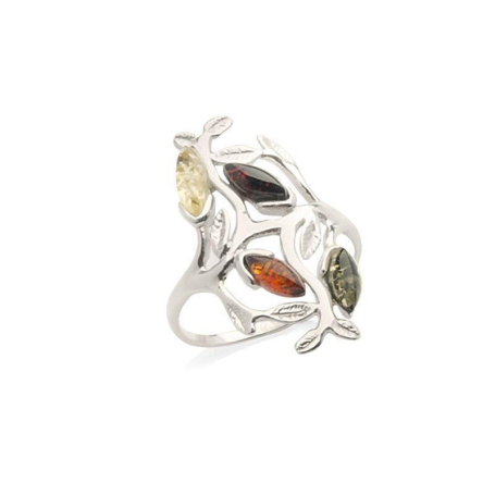 Bague arbre de vie avec ambre multicolore navette, en argent rhodié 925