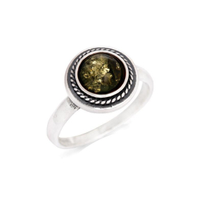 Anillo con ámbar verde natural del Mar Báltico redondo, en plata envejecida 925
