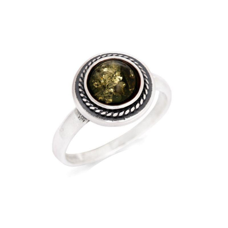 Ring with natural round green amber from the Baltic Sea, in 925 antique silver
