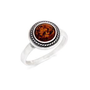 Bague avec ambre cognac de la mer Baltique rond, en argent vieilli 925