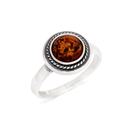 Ring with round Baltic Sea cognac amber, in 925 antique silver