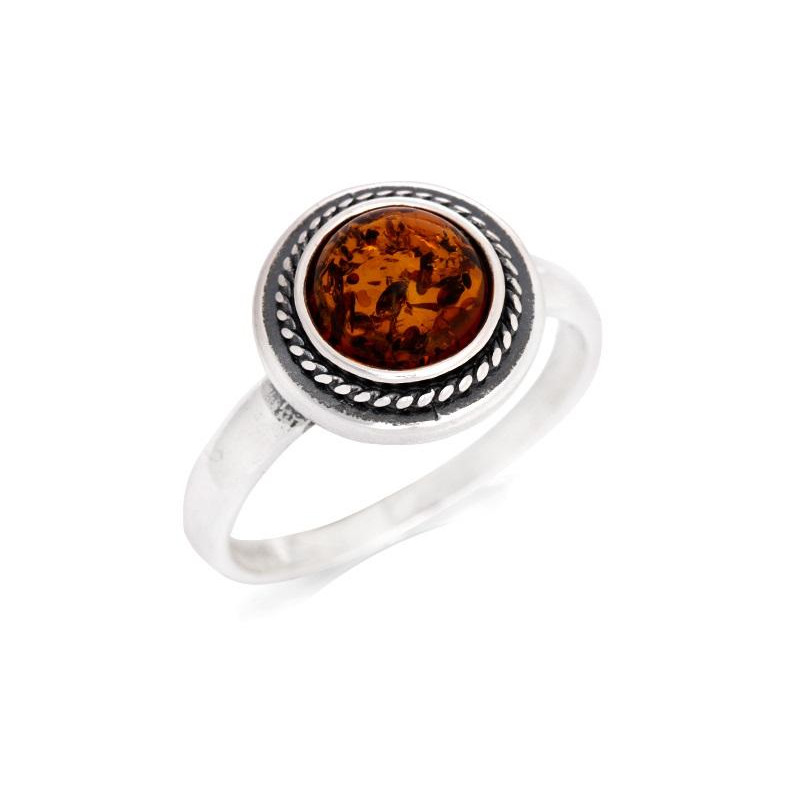 Ring with round Baltic Sea cognac amber, in 925 antique silver