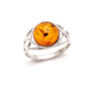 Bague avec ambre cognac naturel de la mer Baltique rond, en argent rhodié 925
