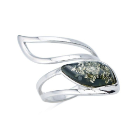 Bague avec ambre vert de la mer Baltique navette, en argent rhodié 925