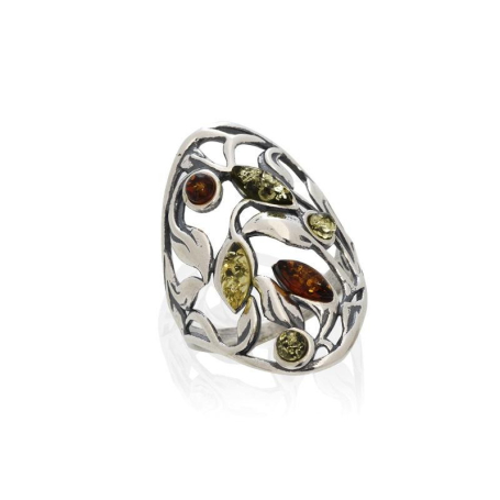 Anillo con ámbar natural multicolor procedente del Mar Báltico, fabricado en plata envejecida 925