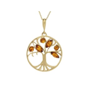 Pendente Árvore da Vida com âmbar conhaque, em prata dourado 925, diâmetro 2,5+1 cm