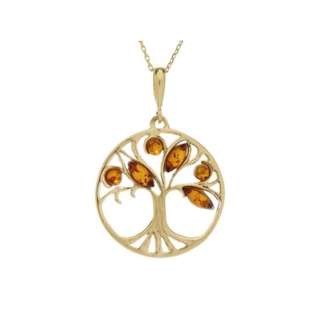 Levensboom hanger met cognac amber, in 925 goudkleurige zilver, diameter 2,5+1 cm