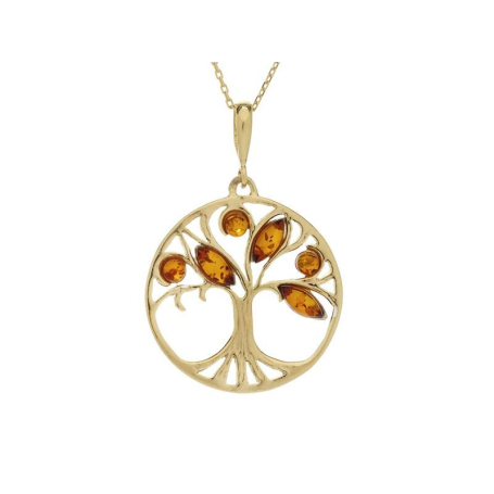 Pendentif arbre de vie avec ambre cognac, en argent doré 925, diamètre 2,5+1 cm