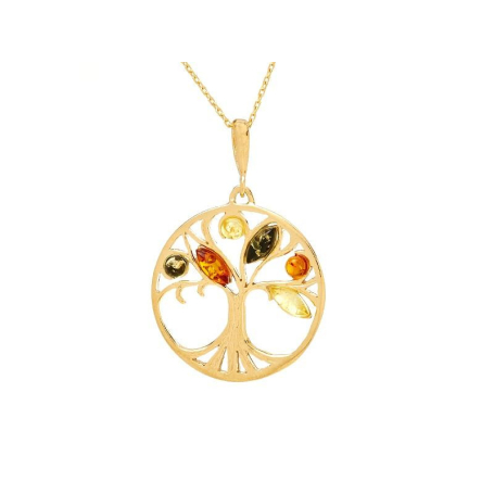 Pendentif arbre de vie avec ambre multicolore, argent doré 925, 2,5+1 cm