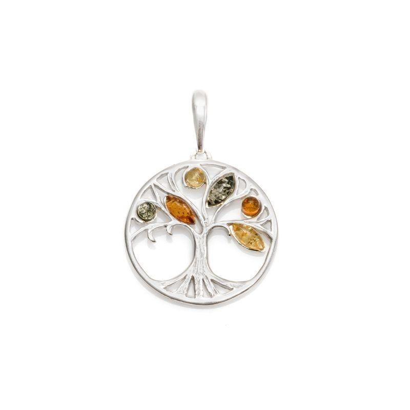 Ciondolo albero della vita con ambra multicolore, argento 925 rodiato, 2,5+1 cm